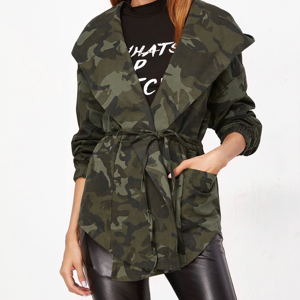 Shein Olive Green Camo Print Hooded Shawl Collar
